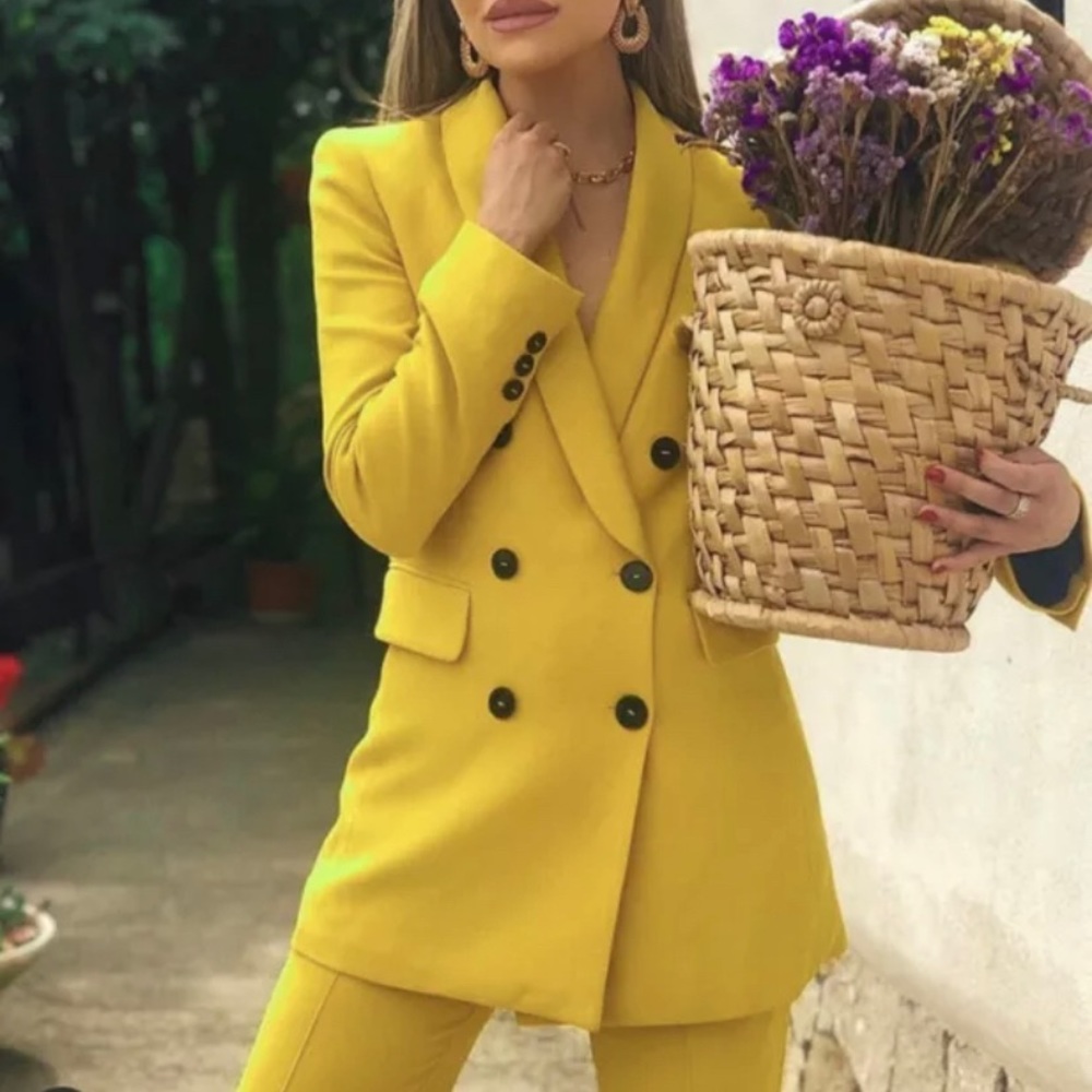 Zara Yellow Mustard Double Breasted Blazer Jacket Coat Size XS NWOT